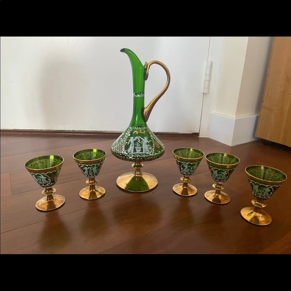 Vintage MCM green and gold decanter and glass set bar ware Italian